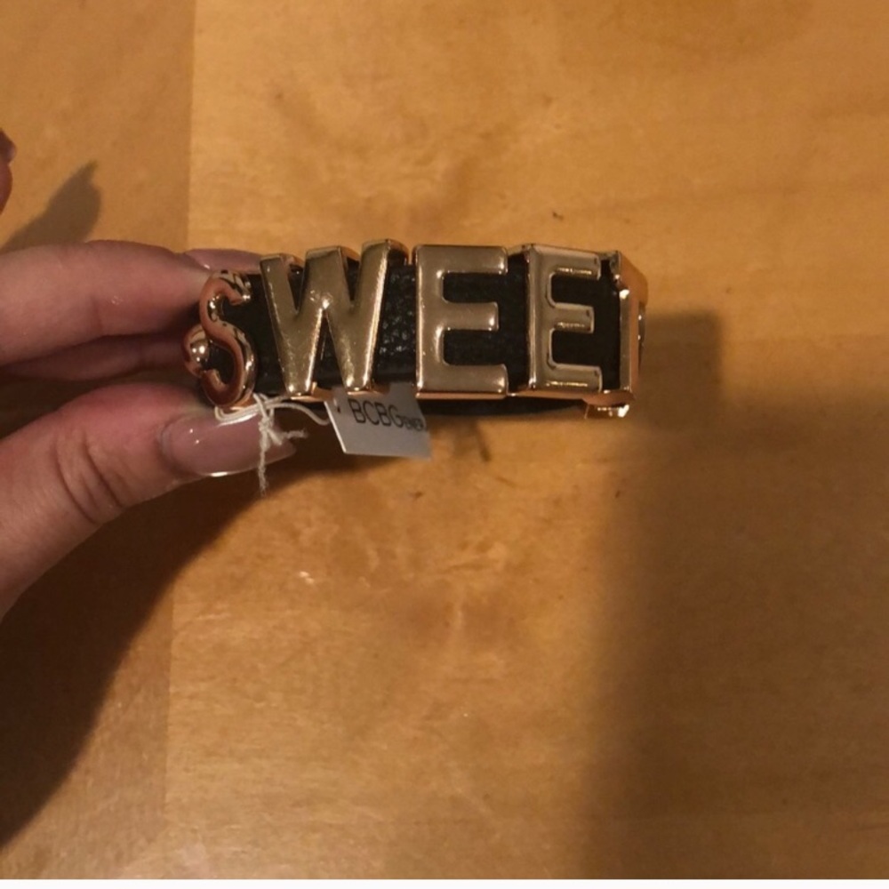 BCBGeneration “SWEET” Black Leather Bracelet Gold Lettering Adjustable NWT